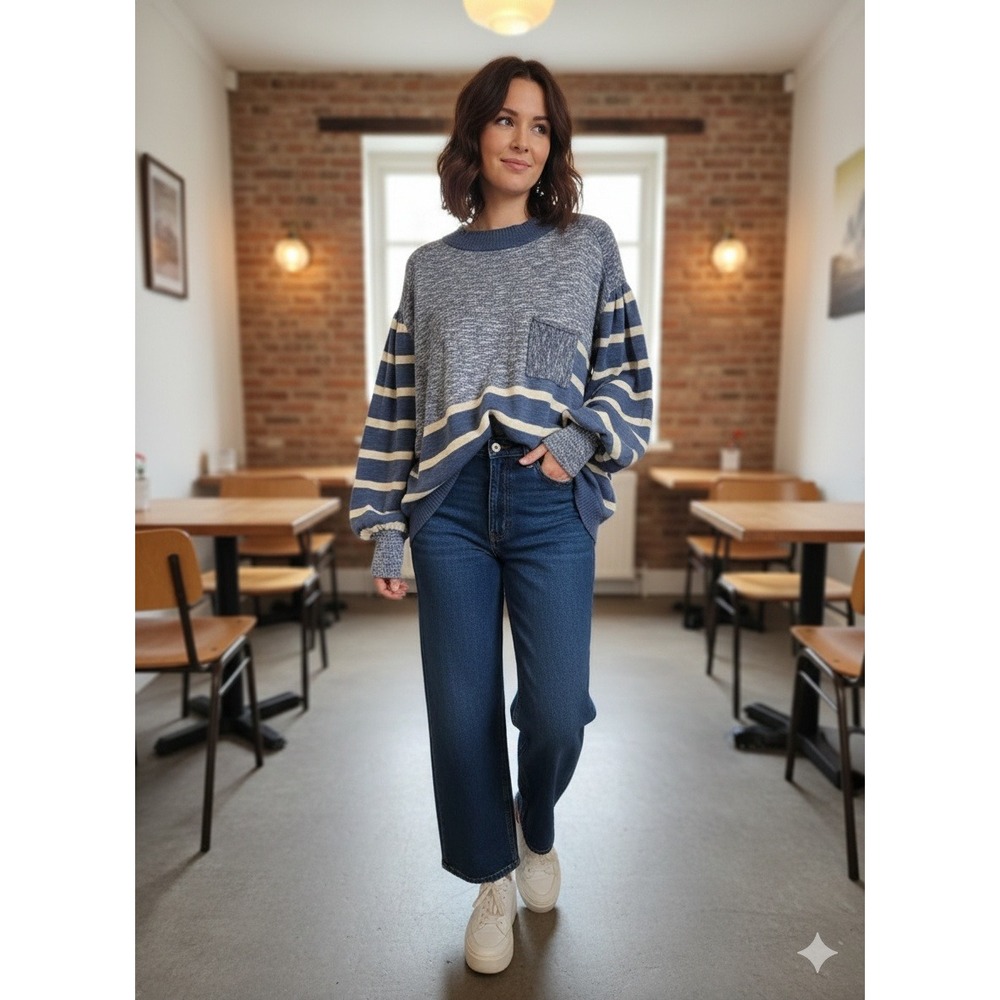 G.i.g.i.o USA vintage 90 Striped Sweater Blue‎ Cream Long Sleeve Pocket Size L